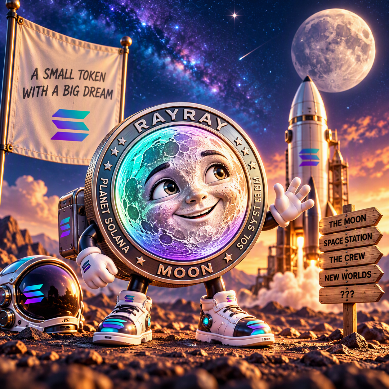 RayRay stands beneath the stars beside an astronaut helmet, with a rocket launching in the distance and the Moon overhead.