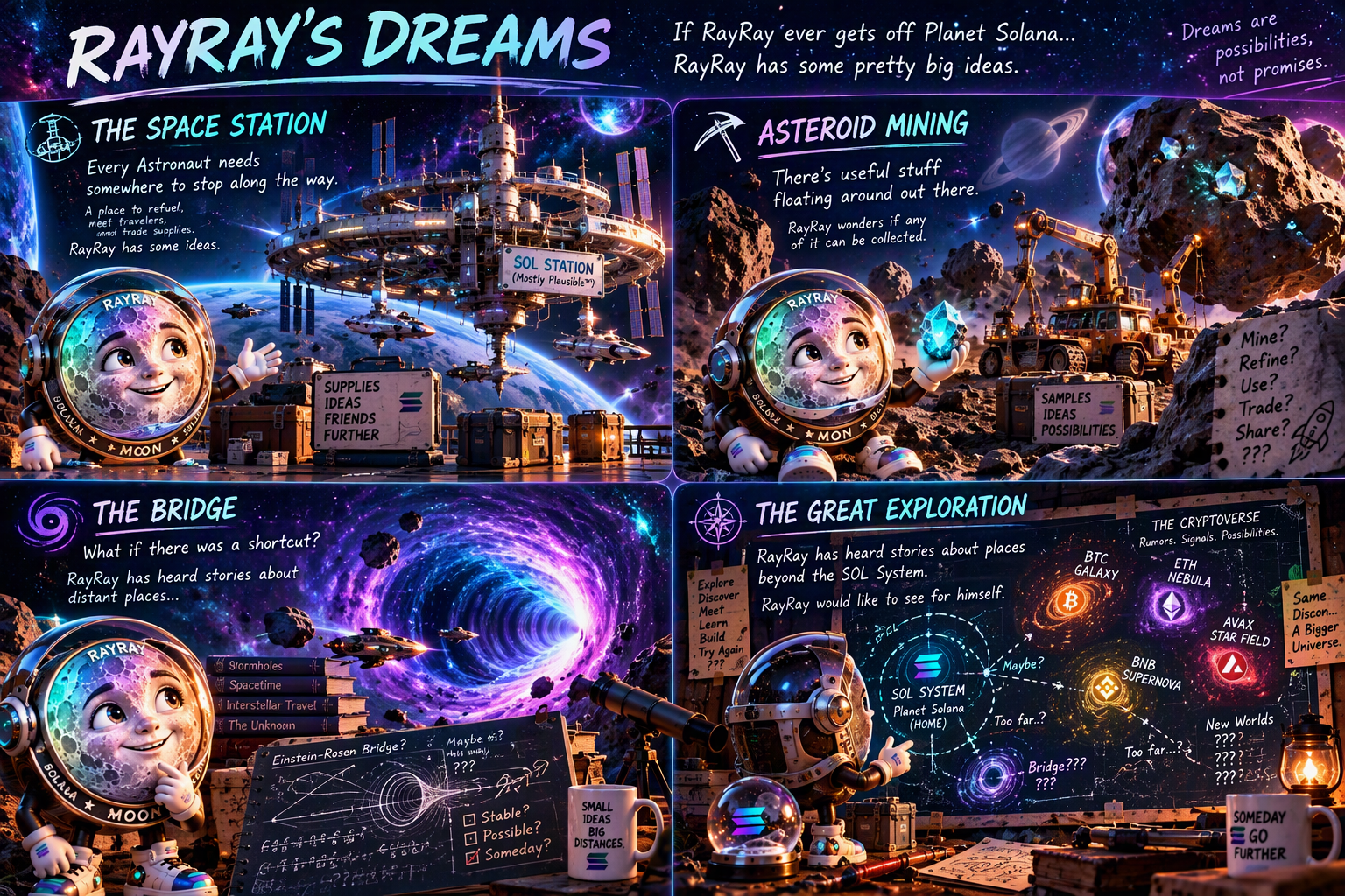 A single expansive dreamscape imagines RayRay among distant worlds, a space station, asteroids, wormholes, and an unexplored star map.