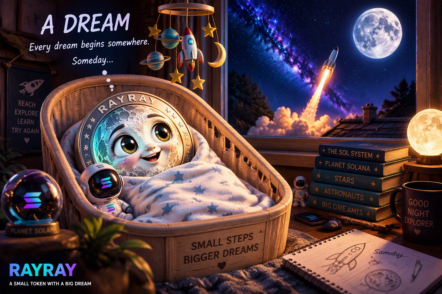 RayRay looks up at the Moon and stars, imagining the journey ahead.