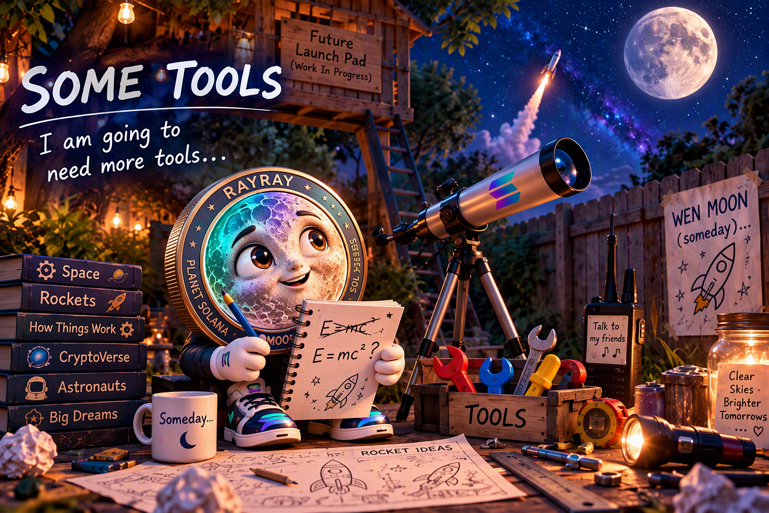 RayRay gathers a telescope, radio, books, drawings, and tools for the next part of the dream.
