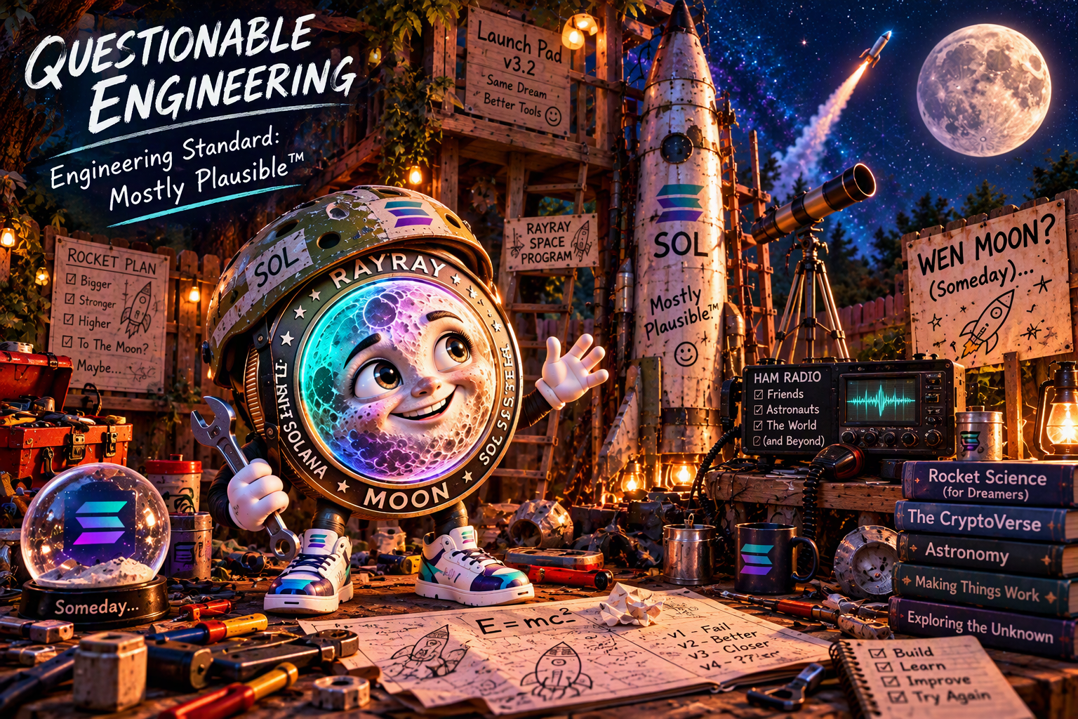 RayRay works on a homemade backyard rocket surrounded by makeshift tools and plans.